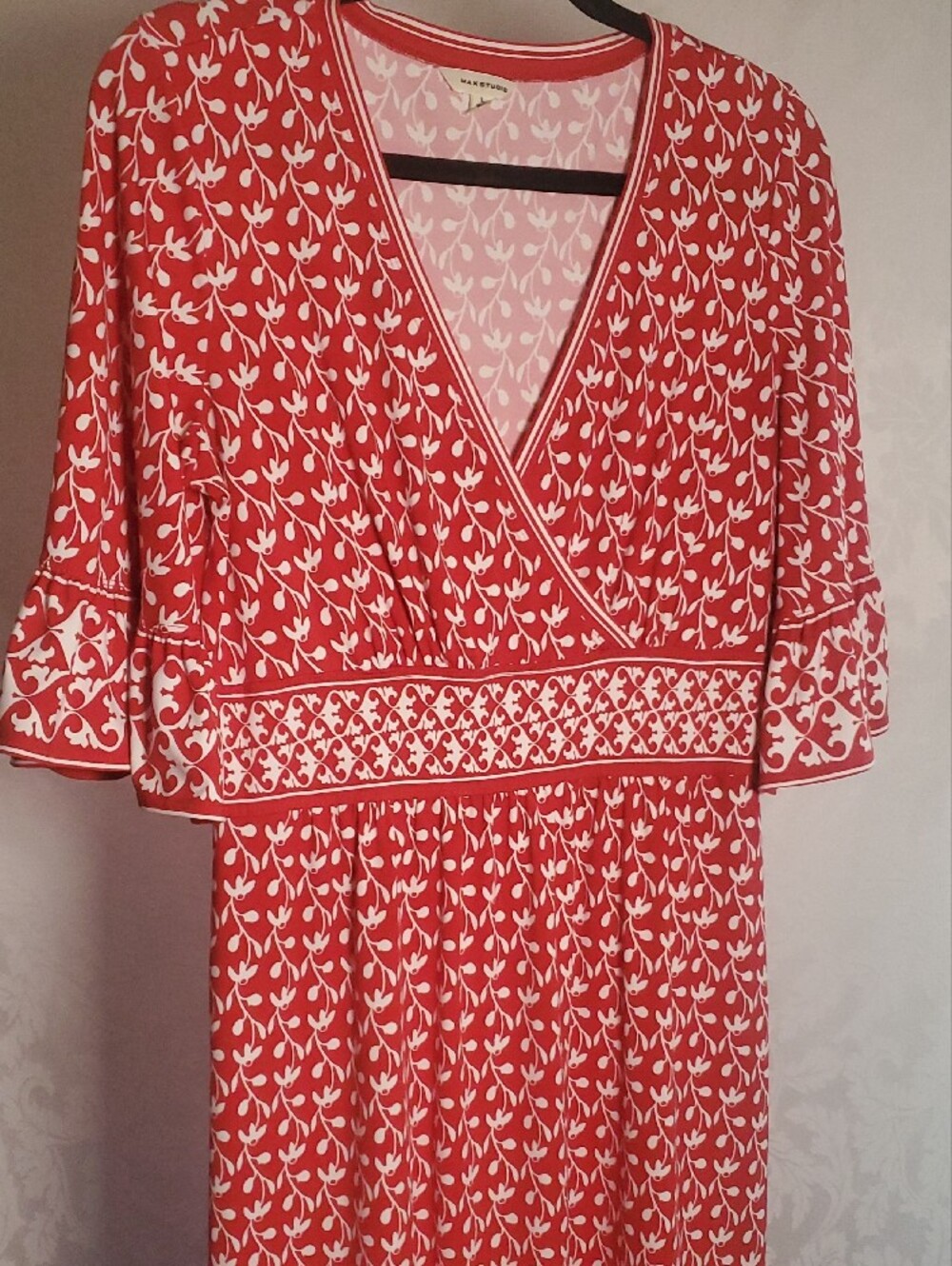 Max Studio Red and White Floral Wrap Midi Dress